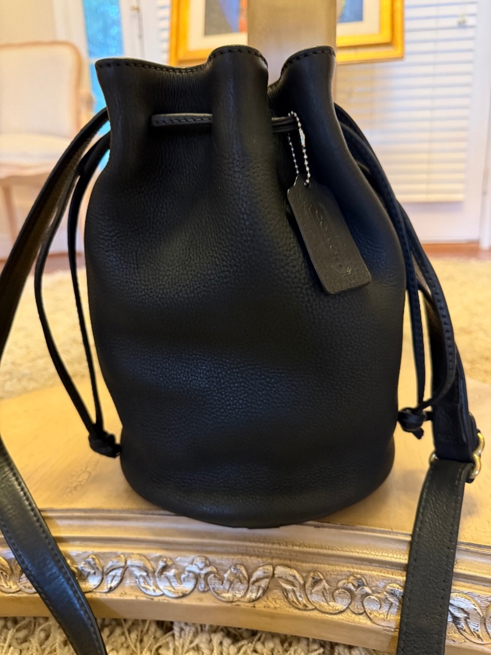 Vintage Coach Black Pebbled Leather Nubuck Drawstring Shoulder Bag 4931